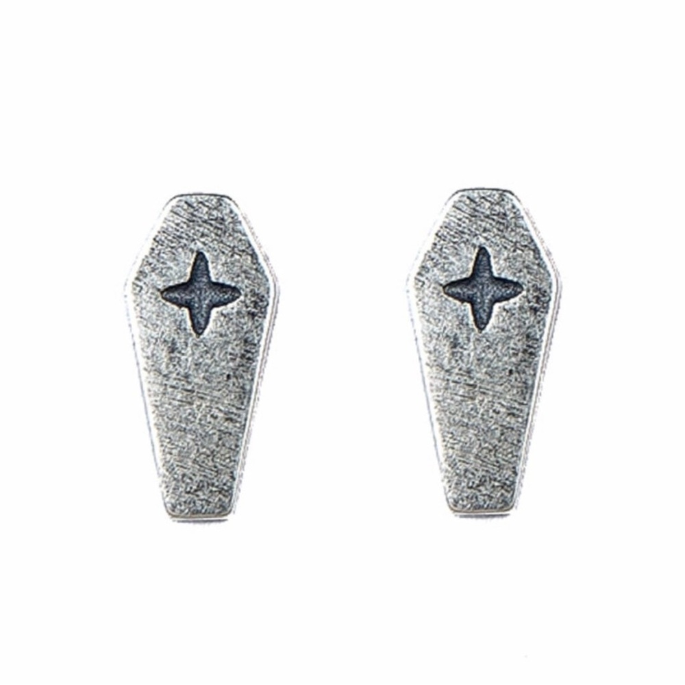 Single Accent 925 Sterling Silver Creative Retro Death Cross Coffin Stud Earring - Picture 6 of 6
